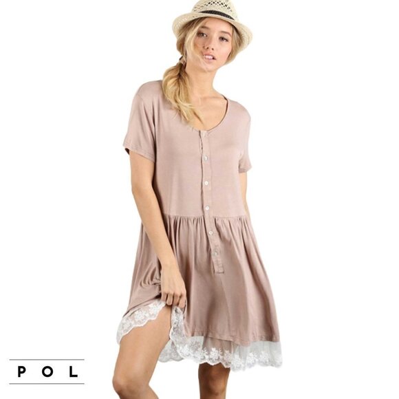 NWT POL Lace Trim Ruffle Hem Button Closure T-shirt Mini Dress - Picture 1 of 4